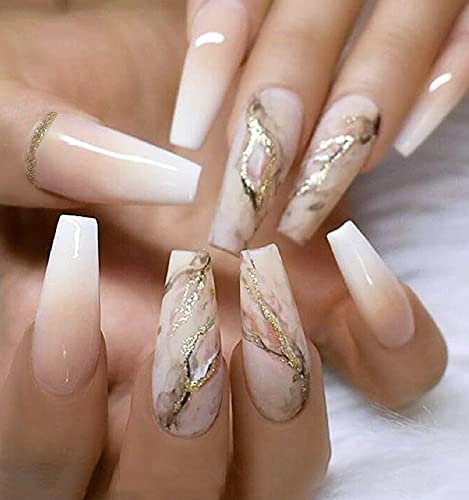 Brishow Künstliche Nägel Lange Nägel zum Aufkleben Goldfolien Press on Nails Ballerina Acryl Gradient Falsche Nägel 24 Stück für Frauen und Mädchen