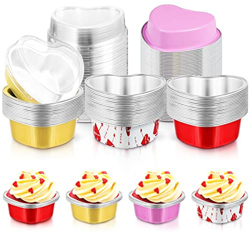 Cunhill 60 Sets Heart Shaped Cake Pans with Lids, 3.4 Ounces/ 100 ml, Aluminum Foil Mini Disposable Heart Cupcake Pans for Valentine's Day Wedding Parties Gift (Gold,Red,Pink,White)