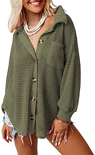 Dokotoo Button Up Shirts for Women Fashion 2026 Long Sleeve Waffle Knit Shacket Jacket Loose Fit Boyfriends Pocket Outerwear Oversized Blouses Tops Green Small