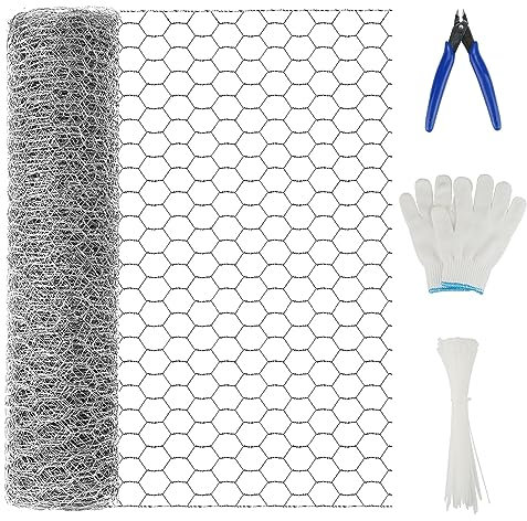 Chicken Wire Mesh 40cm x 5m Roll, Hexagonal Galvanised Wire Netting Rabbit Cage Aviary Fence Plant Net Poultry Fencing with Cutting Plier, Gloves & 50Pcs Cable Ties