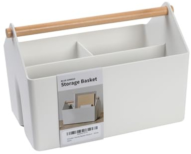 BLUE GINKGO Medium Storage Basket – Plastic Caddy with Wooden Handle for Office, Arts & Crafts, or Home Supplies (White)