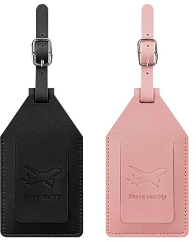 NebulaGlam 2 Stück Kofferanhänger Koffer, Gepäckanhänger aus PU-Leder mit AirTag Schutzhülle, Kofferanhänger mit Adressschild, Schutz der Privatsphäre (Schwarz+Rosa)