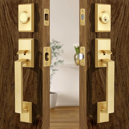 Moquin Double Front Door Lock Set, Brushed Gold Square Front Door Hardware Set with Dummy, Heavy Duty Door Handle with Deadbolt, Stain Brass Double Entry Door Lock Set with Reversible Handle