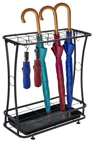 Nisorpa Umbrella Holder Stand,Umbrella Storage Rack Iron with 24 Holes 21 Hooks and Removeable Drip Tray Walking Stick Holder Porch Decor Rack Porch Decor Rack