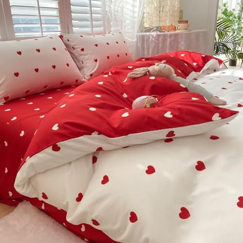 Freyamy Copripiumino 220 x 240 cm+2 federe 65 x 65 cm cuore stampato bianco rosso set da letto matrimoniale per adulti motivo cuore, set copripiumino in microfibra con cerniera