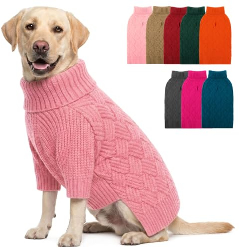 AOFITEE Large Dog Jumper, Warm Turtleneck Jumpers for Dogs with Sleeves | Large Dog Christmas Jumper Labrador Sweater, Knitted French Bulldog Jumpers Female Male Knitwear for Winter Fall, Pink L