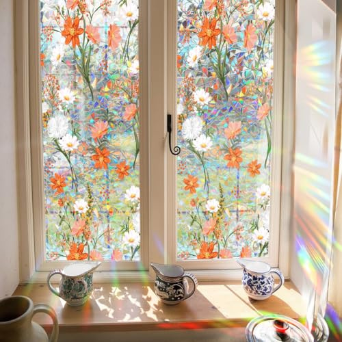 GORGECRAFT 39.4x17 Inch Rainbow Wildflower Window Privacy Film Sun Blocking UV Protection Window Decals