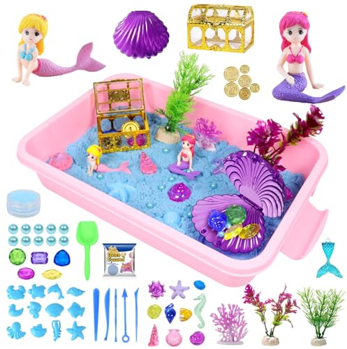 Ensemble de sable cinétique sirène - 500 g - Sable de jeu doux et sensoriel - Coffre au trésor - Jouet sensoriel - Pour filles - 4, 5, 6, 7, 8