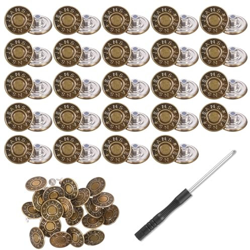 24 Stück Jeans knöpfe Verstellbare Jeansknöpfe 20mm Nähfreiknopf Hosen Ersatz Knöpfe Abnehmbare Metallknöpfe mit Schraubendreher für Reparatur Jeans DIY Kleidung Hosen Taschen