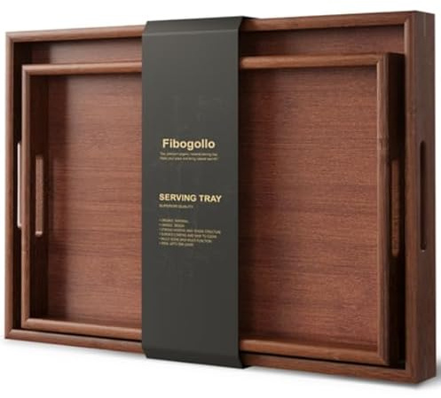 Fibogollo Bamboo Set of 2 Serving Tray with Handles,Decorative Trays Platter,Breakfast Tray in Bed,Food Drinks Trays for Eating,Working,Storing(Brown)