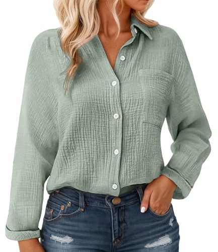 Chemisier en mousseline de coton pour femmes avec boutons - Manches longues, blouse texturée crinkle avec poche, coupe décontractée légère pour l'été et superposition, Vert, M