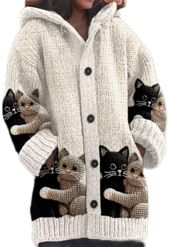 Genérico Cárdigan Mujer Largo con Capucha Elegante, Suéter de Punto Oversize Estampado Digital 3D Halloween Navidad, Abrigo Otoño Invierno Cuello en V, Chaqueta de Punto Casual con Botones
