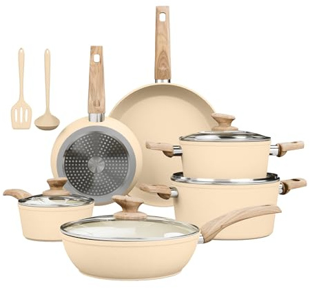 Kitchen Academy Induction Hob Pots and Pans Set Non Stick - 12Pcs Beige Granite Nonstick Cookware Set