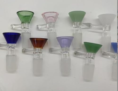 6-Pack 14mm Glass Funnel with Handle – Colored Tops, Ergonomic Handle for Kitchen & DIY Use, Easy Pouring – Thick Spill-Resistant Glass Funnels for Liquids and Oils, 2 Cleaning Brushes for Easy Clean
