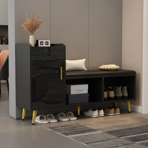 Puerta de armario de color negro brillante con espacio de almacenamiento, zapatero de entrada, estante de varios niveles con asiento acolchado, banco de cambio de zapatos con armario, accesorios