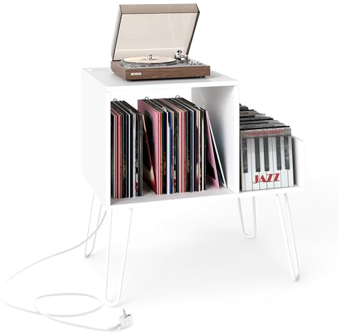 RELAX4LIFE Supporto per Giradischi con Stazione di Ricarica, Porta Vinili Vintage per 145 Album, Espositore per Dischi, Stand Tavolino per Soggiorno e Camera da Letto, 66 x 45 x 67 cm (Bianco)