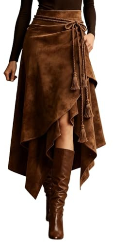Dasongff Gonne con frange in finta pelle scamosciata per le donne Gonna midi Aderente asimmetrica a Vita Alta e Spacco Western Gonna retrò Cowgirl con Pompon, Colore: marrone., XL