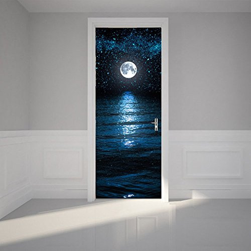 ChezMax Door Stickers Decals 3D Door Murals Peel and Stick, Removable Decorative Vinyl Wallpaper Waterproof Self Adhesive Wall Covers Poster for Home Office Decoration Moon & Sea 30.3 W x 78.7 H