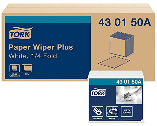 Tork 430150A Paper Wiper Plus, 1/4 Fold, 1-Ply, 12.5 Width x 13.0 Length, White (Case of 12 Packs, 90 per Pack) (Pack of 1080)