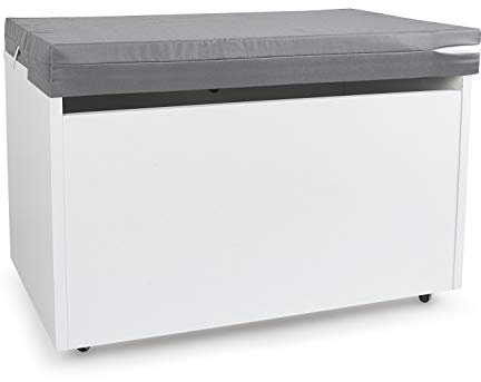leomark Blanco Caja de madera banco XXL con almacenamiento para juguetes con Asiento, Baúl de juguetes sobre ruedas + Almohada - Cojín, Dim: 71 cm x 40 cm x 45 cm/WxDxH/