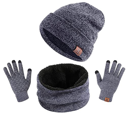 TAGVO Tricotés Ensemble d'hiver Bonnet écharpe Gants d'écran Tactile 3 en 1, Doublure Molleton Doux Bonnet tricoté Chaud Cache-Cou Extensible Gants tactiles à 3 Doigts pour Homme Femme