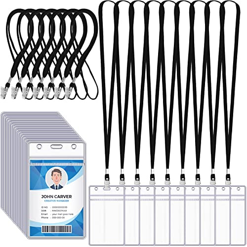 Marspark 200 Pcs Name Tag Lanyards with ID Holder Lanyards for ID Badges Resealable Flat Neck Name Tag with Clip Waterproof Plastic Clear Badges Bulk for School Office Supplies (Black)