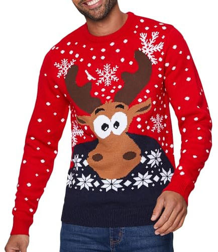 NOROZE Men's Moose Merry Christmas Jumper Xmas Reindeer Elf Football FC Novelty Pullover (L, XMoose Red)