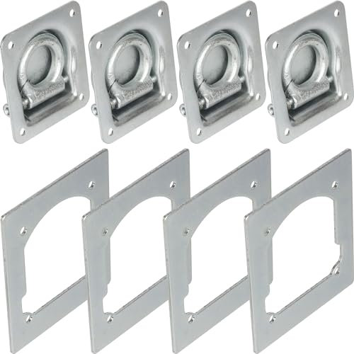 Safetytex Zurrmulde + Gegenplatte - Ladungssicherung 800kg - Ausklappbarer Ring & Rückholfeder - 95x100mm - Montageplatte 115x125mm - Ladungssicherung PKW Anhänger (4 Stück)