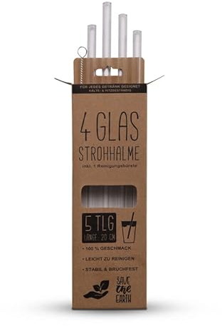 Pajitas de cristal sostenibles (4 pajitas + 1 cepillo de limpieza), transparentes, 20 cm, pajitas de cristal reutilizables, estables y resistentes a la rotura