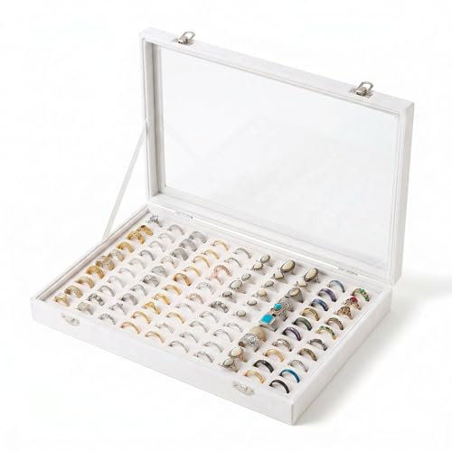 Frebeauty 100 fack ringorganisatör bricka, sammet ringlåda med genomskinligt lock
