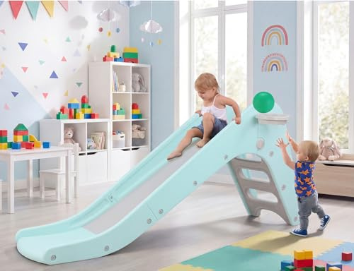 MAMIZO Freestanding Toddler Slide, 2 in 1 Large Ladder and Extend Slope Slide, with Basketball Hoop & Ball, Indoor/Outdoor Garden Play Equipment for 3 Years+ (Robin Egg Blue)