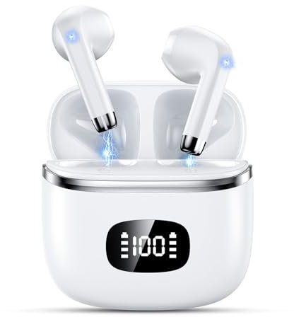 POMUIC Auriculares Inalámbricos Bluetooth 5.3 Con 4 HD Mic HiFi Estéreo, Potentes Altavoces de 13.4 mm, LED Pantalla, IPX7 Impermeable, Blanco