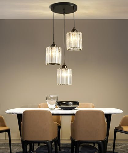 Kinbolas Pendelleuchte Schwarz 3 Flammig Hängelampe Kristall Lampenschirm, LED Hängeleuchte, Esstischlampe E27 Lampen Hängend für Esstisch Esszimmer Treppe Schlafzimmer Wohnzimmer(3 Lichter)