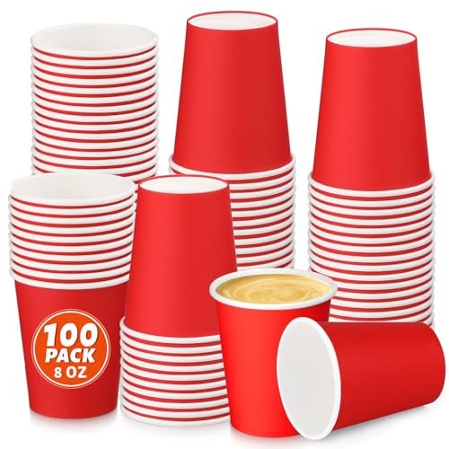 BUOKKON 100 Pack 8oz Red Paper Cups for Hot & Cold Drinks Compostable Disposable Coffee/Tea Cups for Party DIY Holiday Wedding Birthday Activities