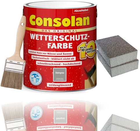 Consolan Wetterschutzfarbe Set 750 ml Holzfarbe Dauerschutz Deckend (Steingrau)