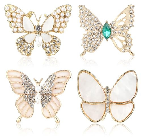 JIEYAO Lot de 4 broches élégantes en forme de papillon avec strass et perles synthétiques pour robe de mariée, corsage, bouquet, manteaux, vestes, pulls