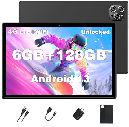 Tablet Android Tablets 10 Inch, Octa-Core Android 13 Unlocked Tablet with SIM Card Slot, 128GB ROM+6GB RAM, 5MP+13MP Camera/5G WIFI GPS/BT/6000mAh/1280*800 IPS Screen/Cellular Tablet with Case (Black)