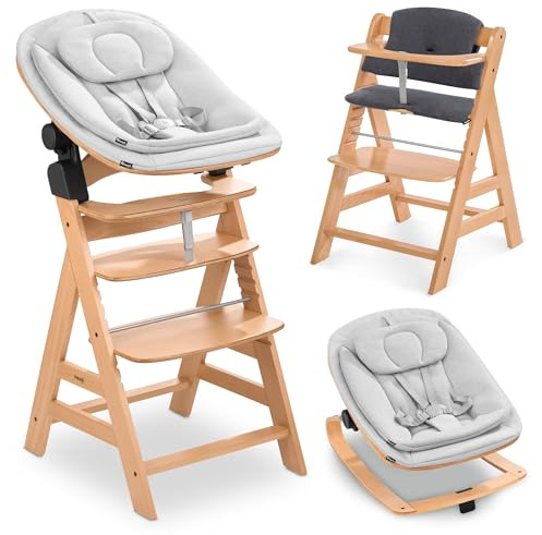 hauck Seggiolone Alpha+ Newborn Set Eco Bouncer - Seggiolone Pappa Bimbi in Legno dalla Nascita con Sdraietta Neonato 2in1 Regolabile e Cuscino - Naturale