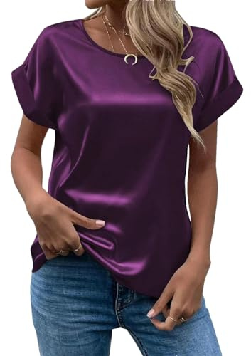 Blusa de seda satinada para mujer, manga corta, ajuste holgado, brillante, elegante camiseta casual de verano