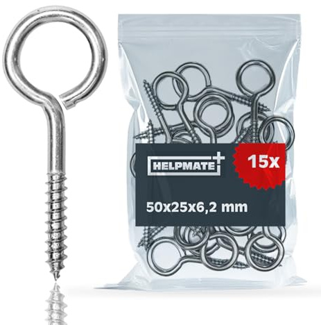 HELPMATE – tornillo de anilla 50x25x6,2x29 mm – acero galvanizado electrolítico – 15 piezas – tornillo de ojo con rosca para madera