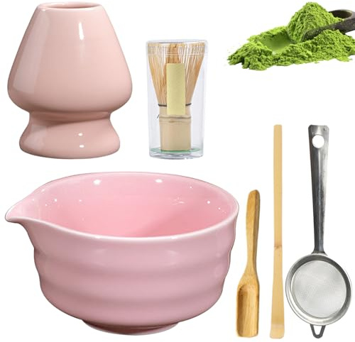 Ensemble à thé matcha 6 pièces, comprenant un fouet à matcha, un agitateur à matcha, un bol à matcha avec bec verseur, un support pour agitateur à matcha et une cuillère en bambou (rose).