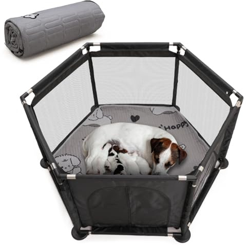 Caja hexagonal para partos extra altos + almohadilla de parto para perros grandes y pequeños, suministros esenciales para perros, cachorros, 122 x 65 cm, color negro