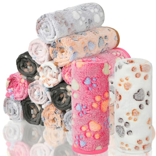 18 Pcs Dog Blankets for Small Dogs Washable Soft Fluffy Fleece Puppy Blankets Bulk for Pets Cute Paw Printed Throw for Indoor Cats Kitten Crate (23 X 16 Inch)