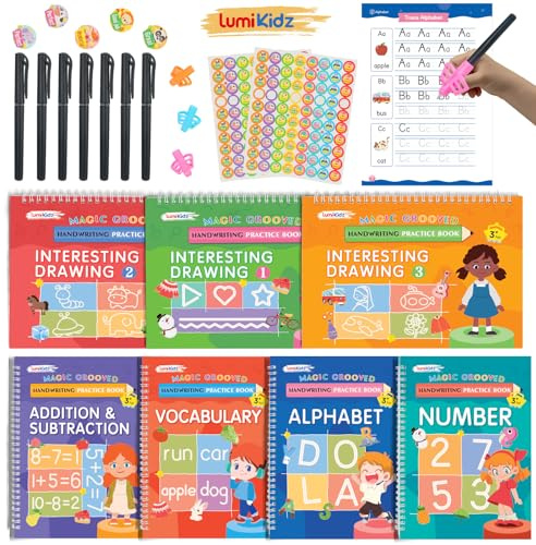 Magic Grooved Writing Practice for Ages 3-8, Grooved Handwriting Practice for Kids, Reusable Handwriting Book, Preschool Learning Activitys for Tracing Letters & Numbers, Gifts for 3 Year Old Boy
