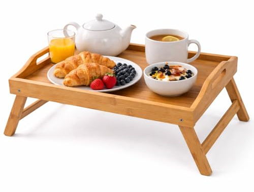 Almineez Bamboo Bed Tray Table with Folding Legs Foldable Serving Portable Laptop Tray Snack & Breakfast Tray Bed Table Drawing Table (40 x 32 x 18 cm)