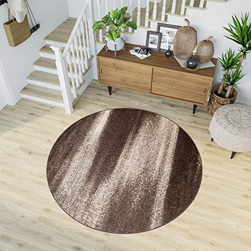 TAPISO Sari Teppich Rund Braun Hellbraun Modern Streifen Meliert Verwischt Design Wohnzimmer Schlafzimmer ÖKOTEX 100 x 100 cm