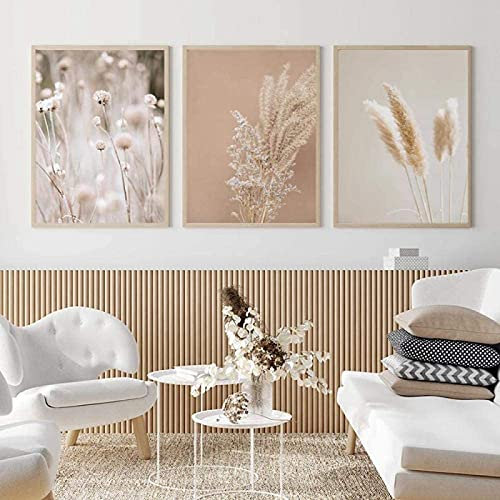 LIANGX Graspflanzen Natur Landschaft Malerei Leinwand Wandkunst Bilder,Getrocknetes Gras 3 Stück ohne Rahmen Boho Botanical Poster Wandbilder Wohnzimmer Dekor (30x40cm)