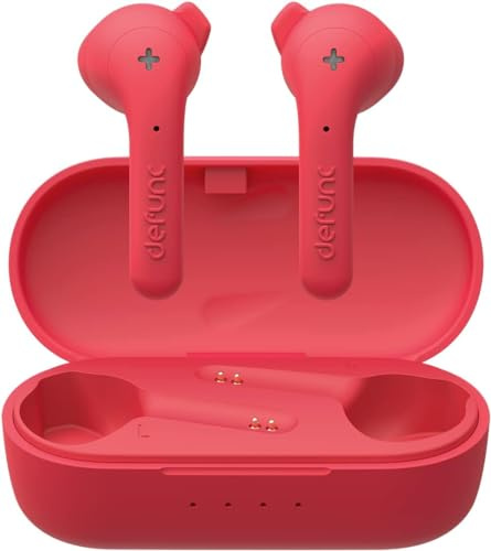 DEFUNC True Wireless Earbuds True Basic IPX4 vattentäta in-ear hörlurar 5.0 Bluetooth stereo hörlurar inbyggd mikrofon, automatisk enstegsparning, lång speltid och laddningsfodral (röd)