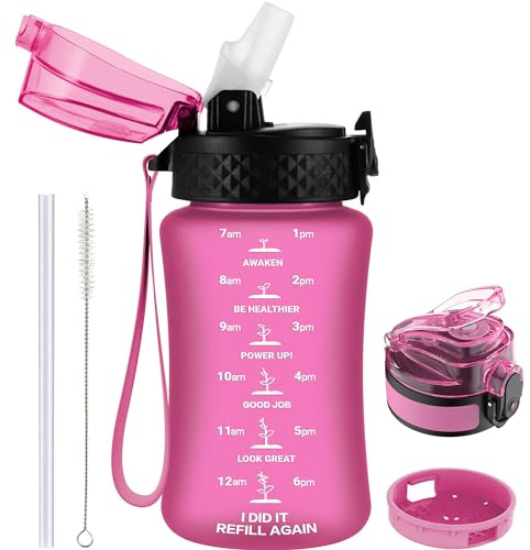 GOPPUS 350ml/12oz Botellas Agua para Niños con Pajita Sin BPA Botella Bebidas a Prueba Fugas para la Escuela Tritan Botella de Agua Deportiva Reutilizable Pequeños con Marcas de Tiempo con 2 Tapas