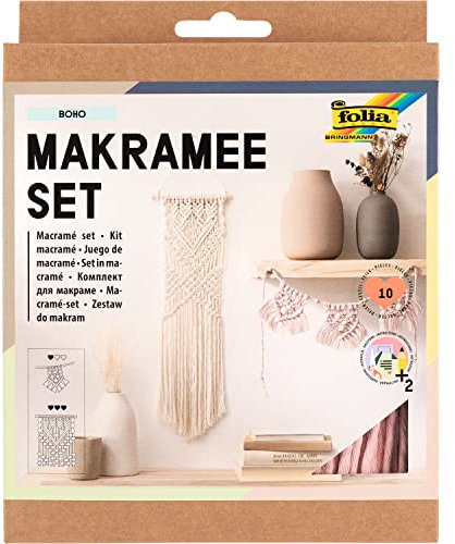 folia 23719 - Makramee Set Boho, 10-teilig, Garn (natur beige), Garn (rose), Holzstab, Holzperlen, 100 % Baumwolle, mit Anleitung, zum Basteln und Knüpfen